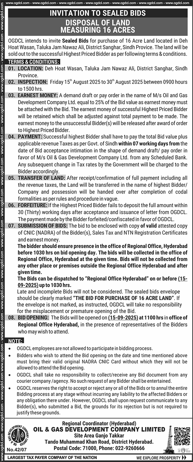 Oil & Gas Development Company Limited Hyderabad Tender Notice